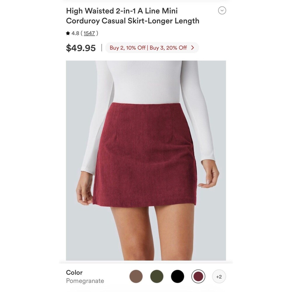 Halara High Waisted 2-in-1 A Line Mini Corduroy Casual Skirt-Longer Length NWT M